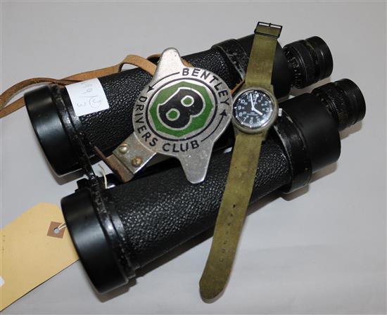 Military binoculars, a watch, Bentley motor car badge